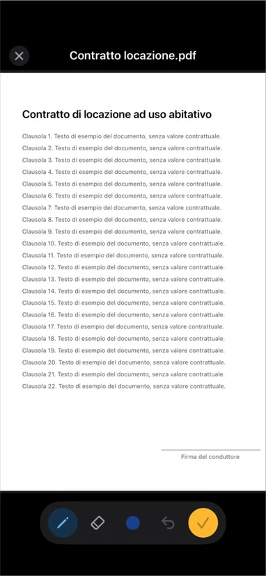 Editor di firma nell'app IoFirmo su iPhone: documento PDF con strumenti penna, gomma, colore, annulla e conferma (tema scuro)